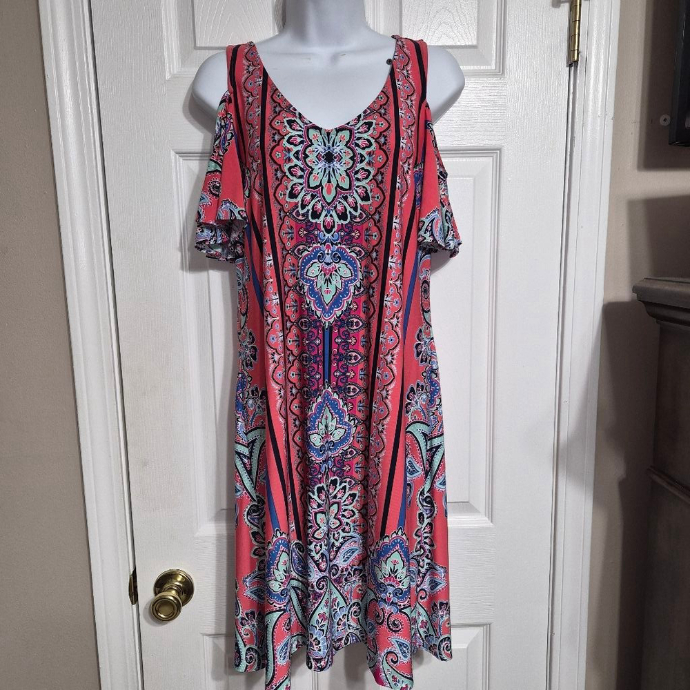 MSK Cold-Shoulder Multicolor Coral, Turqouise, Blue and Black Dress Size Small